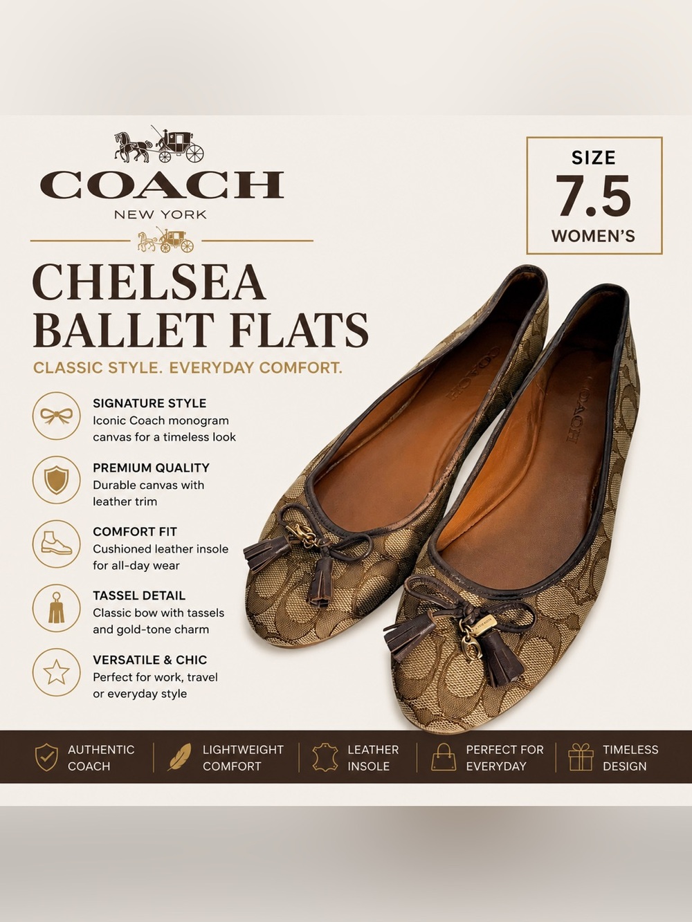 Coach Signature Canvas Ballet Flats | Brown Khaki Monogram | Women’s Size 7.5